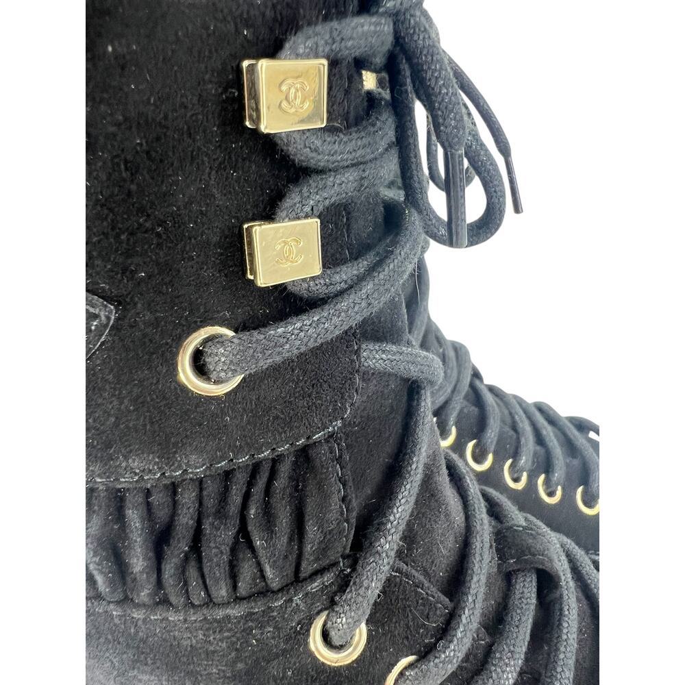 Chanel CC Suede Quilted Lace Up Combat Cap Toe Boots in Black - Picture 6 of 16
